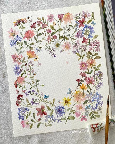 Dainty Painted Flowers, Painted Flowers Acrylic, Easy Floral Painting, Spring Watercolor Painting, Small Flower Painting, Spring Flower Painting, Watercolor Flower Frame, Flower Watercolour, Watercolor Frame