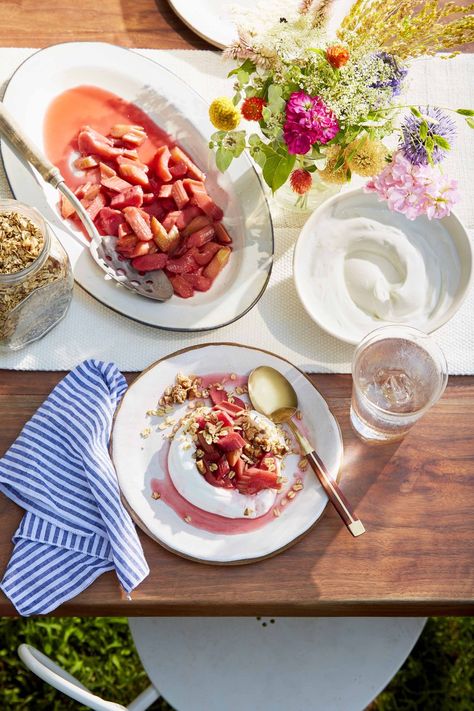 toasted many seed granola Rhubarb Yogurt, Poached Rhubarb, Seed Granola, Vegan Breakfasts, Yogurt Breakfast, Rhubarb Pie, Mothers Day Breakfast, Yogurt And Granola, Food Plan