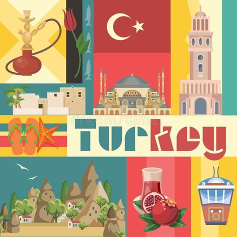 Travel Postcards Aesthetic, Travel Agency Poster, Turkey Drawing, Turkey Activity, Alice In Wonderland Drawings, Illustration Travel, Culture Day, Illustration Flat, Travel Drawing