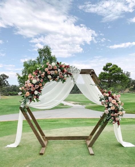 Hexagon Wedding Arch Burgundy Flowers, Hexagon Bridal Arch, Hexagon Ceremony Backdrop, Arch Decoration Wedding Hexagon, Hexagon Wedding Arch Flowers Fall, Wedding Arches Hexagon, Octagon Altar Wedding, Hexagon Wedding Arch With Neon Sign, Hexagon Background Wedding