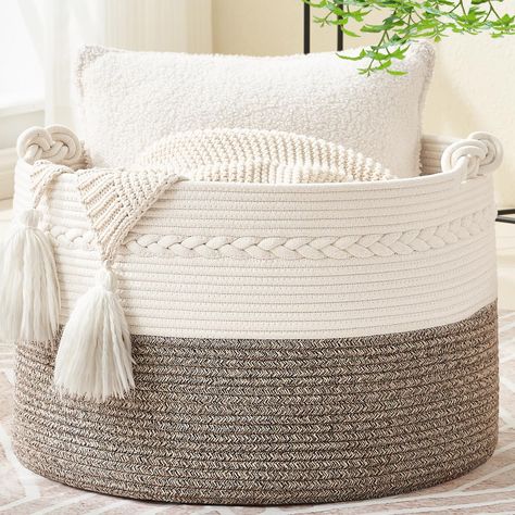 PRICES MAY VARY. 100%Cotton ⭐【100% NATURAL HANDMADE】:100% cotton rope,soft material without any chemicals woven basket. There are No plastics. No harsh chemicals. Our basket is soft and safe for kids and pets.our rope baskets are super durable and hold their shape well. they can be hand washed / air dried or put in your washer / dryer on delicate. ⭐【LARGE SIZE】: 20"x20"x13",which is a perfect storage basket in living room for blankets, throw pillows, comforter or cushions,blankets, baby diapers Living Room Blanket Storage, Throw Basket, Baby Toy Chest, Rope Blanket, Blanket Basket For Living Room, Large Blanket Basket, Blankets Throw, Baskets For Storage, Basket Laundry