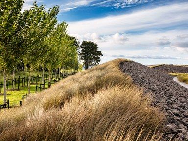 Surfacedesign conceived crescent-shaped berms covered in volcanic rock and grasses for New Zealand’s Auckland Airport. Villa Architecture, New Zealand Landscape, Areas Verdes, Modern Landscape Design, Easy Landscaping, Landscape Plans, Landscaping Tips, Urban Spaces, Bournemouth