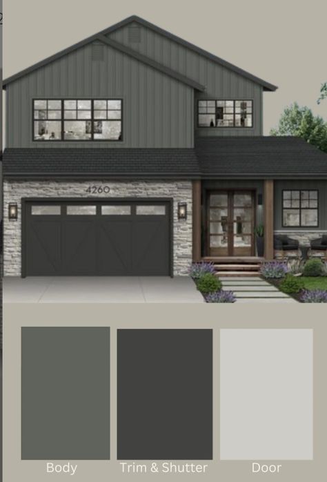 Neutral Green House Exterior, Evergreen Exterior House Colors, Rosemary Exterior Paint, Slate Blue House Exterior Color Combos, Modern Green House Exterior, Gray Green Exterior Paint Colors, Green Gray House Exterior, Sage Green House Exterior Color Palettes, Green House Black Trim