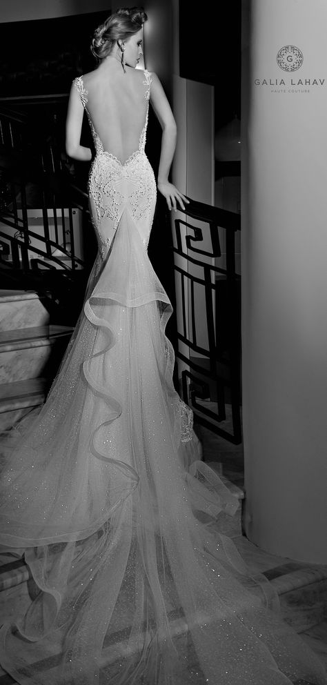 Galia Lahav Haute Coutre - Isadora is a classic mermaid dress with a geometric graphic spiral embroidery. Cleavage detailed with a sheer fabric. The bottom of the skirt has a silk tulle ruffle and a dramatic sparkled tulle train trim with cirn dentelle. Galia Lahav Wedding Dress, The Jazz Age, Galia Lahav, 2015 Wedding Dresses, Dress Mermaid, Dress 2015, Silk Tulle, Jazz Age, Jenny Packham