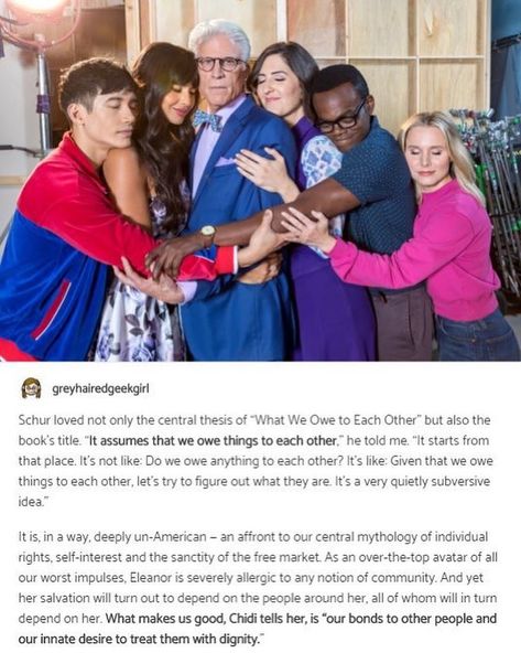 The Good Place  Fan Account on Instagram: “What we owe the world . . . . . . . . . . . #thegoodplace #tgp #nbcthegoodplace #chidianagonye #williamjacksonharper #mannyjacinto…” What We Owe To Each Other, The Good Place Tumblr Posts, The Good Place Netflix, Manny Jacinto, Sparks Joy, Holy Shirt, Book Projects, Modern Family, Text Posts