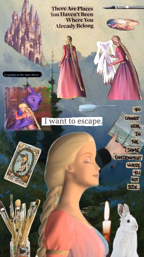 #rapunzel #barbie #barbierapunzel #paint #painting #paintbrush #hairbrush #rabbit #whiterabbit #art #escape #adventure Barbie Rapunzel Aesthetic, Rapunzel Aesthetic, Barbie As Rapunzel, Barbie Rapunzel, Paint Painting, Create Collage, Creative Play, Rapunzel, Cut Out