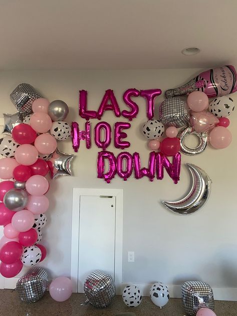 The Last Hoedown, The Last Hoedown Bachelorette, Last How Down Bachelorette, Pink And Silver Balloon Garland, Last Hoedown Bachelorette Party, Last Hoedown, Silver Balloon Garland, Disco Rodeo, Bachelorette Party Kits