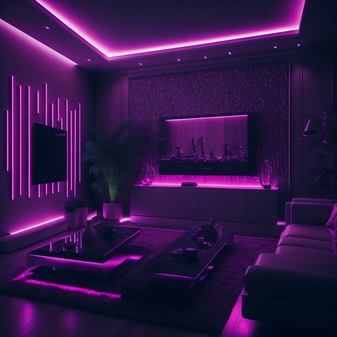 Vaporwave Living Room, Pink Led Room, Vaporwave Room Aesthetic, Skyrise Apartment, Purple And Black Room, Cyberpunk Living Room, Modern Lounge Rooms, Black Bedroom Aesthetic, Living Room Designs Modern Luxury