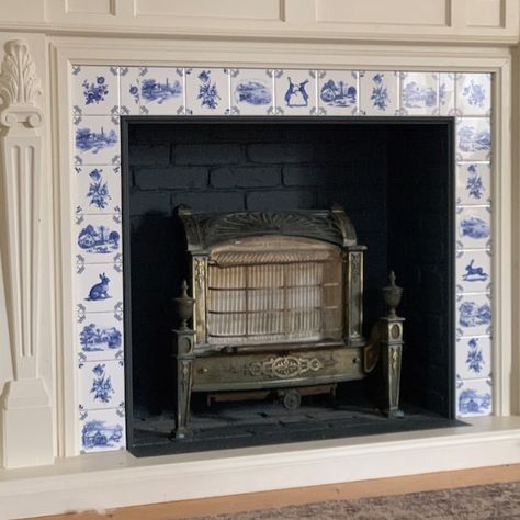 Delft Tiles Fireplace, Delft Fireplace, Tiles Fireplace, Tile Back Splash, Blue Delft, Delft Tiles, Decorative Tiles, Kiln Firing, Reno Ideas