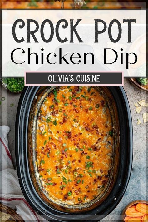 This Slow Cooker Ranch Chicken Dip is the perfect crock pot dip or appetizer! Creamy, cheesy, and filled with delicious ranch flavor and chunks of tender chicken. Whether you're looking for an appetizer for the holidays, Superbowl, or just a regular party, this easy dip recipe is sure to be a hit. Chicken Dip Crockpot Recipes, Chicken Dips Recipes Crockpot, Franks Red Hot Buffalo Chicken Dip Crock Pot, Chicken Appetizers Crockpot, Crockpot Chicken Dip Recipes, Dips With Chicken, Chicken Enchilada Dip Crock Pot, Crock Pot Dips And Appetizers, Chicken Dip Recipe Crockpot