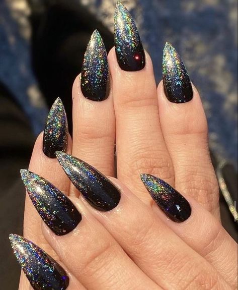 33+ Goth Nails That Will Make Your Heart Skip A beat - TheFab20s Gothic Nails Acrylic, Black Holographic Nails, Holloween Nails, Black Nails With Glitter, Black Holographic, Witch Nails, Witchy Nails, Holo Nails, Pointy Nails