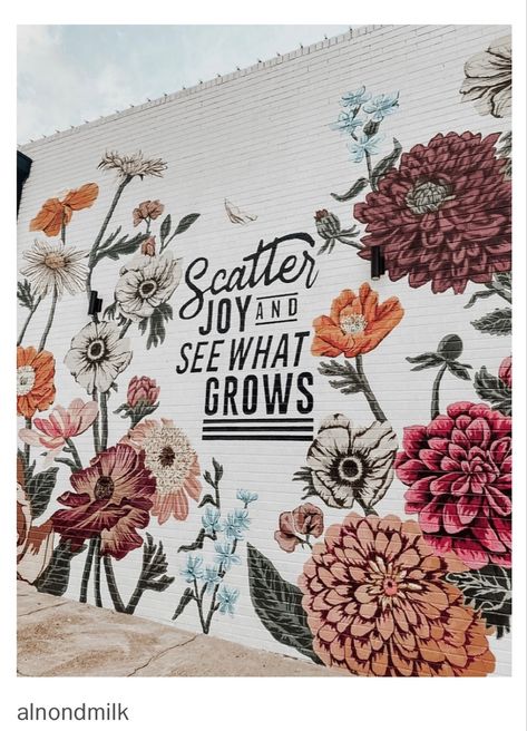 Cafe Wall Art Murals Garden, Store Mural Design, Flower Selfie Wall, Selfie Wall Mural, Country Mural Ideas, Farm Mural Painting, Business Mural Ideas, Selfie Mural Ideas, Backyard Mural Ideas Wall