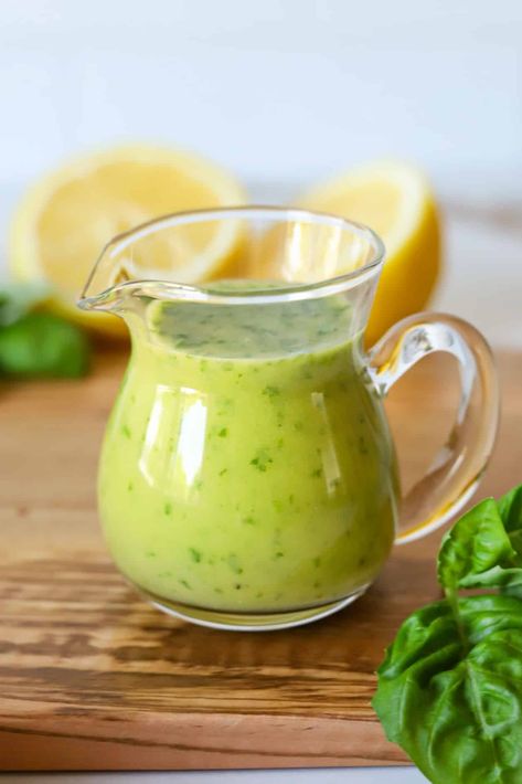 Lemon basil vinaigrette made with a few simple ingredients like fresh basil, lemon, honey, garlic and olive oil. Lemon Basil Vinaigrette Dressing, Lemon Vinaigrette Dressing Recipe, Lunch Bowl Ideas, Post Workout Recipes, Homemade Dressing Recipes, Dinner Ideas 2023, Lunch Ideas At Home, Pre Workout Snacks, Cucumber Ranch Dressing