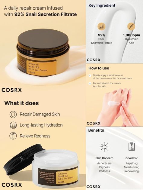 COSRX Standards: All COSRX products are formulated with skin-friendly ingredients that alleviate irritated skin. Hypoallergenic, Dermatologist tested, Animal Testing-FREE, Parabens-FREE, Sulfates-FREE, Phthalates-FREE Long-lasting Hydration: Infused with 92% of snail mucin (also called Snail Secretion Filtrate), this cream builds a moisture barrier to plump, hydrate, and soothes skin. This everyday multi-solution cream glides onto the skin and revives skin radiance. Cosrx Products, Moisturizer Stick, Posters Layout, Cosrx Snail Mucin, Cosrx Snail, Creative Post, Dry Skin Care Routine, Snail Mucin, Advanced Skin Care