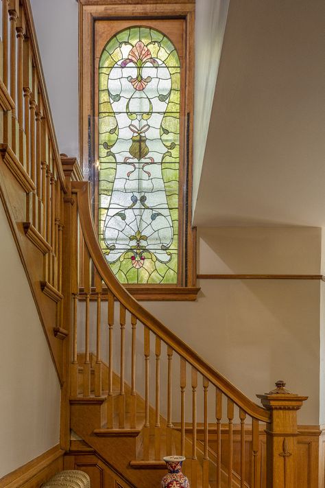 Glass Stairway, Stained Glass Landing Window, Antique Stained Glass Windows Victorian Front Doors, Stained Glass Door Vintage, Victorian Stained Glass Panels Door, Glass Entrance Doors, Historic Stained Glass Window, Wooden Staircase, Luxurious Furniture