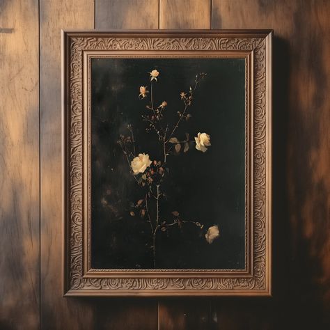 "Moody Flower Painting | Vintage Floral Wall Art | Dark Academia Print | Rustic Wall Art | Gallery Wall | Moody Botanical Oil Painting ---------------------------- Transform your space into a captivating and enchanting oasis with our Moody Floral Oil Painting Print. This printable wall art features a stunning vintage oil painting, showcasing dark academia vibes and a touch of mystique. The dark floral and moody flower painting evokes a sense of elegance and sophistication, perfect for adding dep Moody Bathroom Art, Dark Flower Painting, Dark Moody Art, Dark Academia Painting, Vintage Floral Painting, Gallery Art Wall, Fall Canvas Art, Moody Botanical, Vintage Floral Wall Art