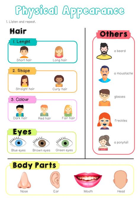 Appearance Description, Descriptions Of People, Describing People, Short Hair With Beard, Red Hair Freckles, Listening Test, Hair Fair, Physical Appearance, Flashcards For Kids