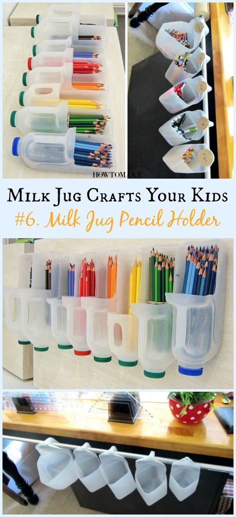 DIY Milk Jug Pencil Holder Instructions - Recycled #MilkJug Crafts Your Kids Can Do #Recycle Milk Gallon Crafts, Gallon Jug Crafts, Water Jug Crafts, Recycled Milk Jug Crafts, Milk Jug Projects, Milk Jugs Diy, Milk Bottle Craft, Eco School, Milk Jug Crafts