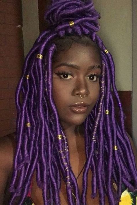 Trending Braid Hairstyles, Purple Dreadlocks, Hair For Faux Locs, Heart Filter, Purple Dreads, Color Uva, Faux Dreads, Spring Twist Hair, Purple Braids