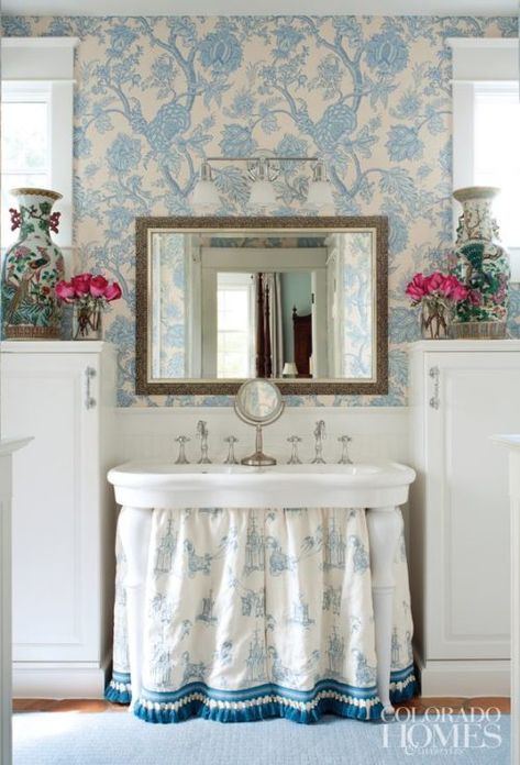 Nice Bathrooms, Sink Inspiration, Drapery Ideas, Sink Skirt, Blue Interiors, Design Darling, House Of Turquoise, Powder Room Design, Pantone Colors