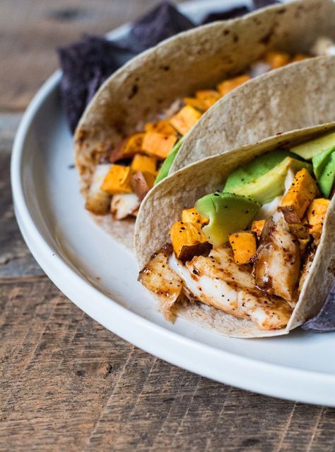 BBQ Tilapia and Sweet Potato Tacos | Lemons and Basil Bbq Tilapia, Tilapia Meals, Talipia Fish Taco Recipes, Blackened Tilapia Tacos, Tilapia And Sweet Potato Recipes, Tortilla Tilapia, Easy Tilapia Fish Tacos, Sweet Potato Tacos, Potato Tacos