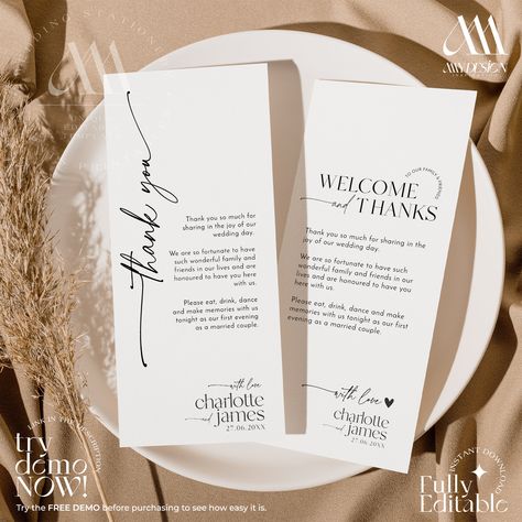 Wedding Menu And Thank You Cards, Thank You Note Template, Place Setting Cards, Place Cards Wedding, Note Template, Wedding Itinerary, Modern Minimalist Wedding, Wedding Place Settings, Card Table