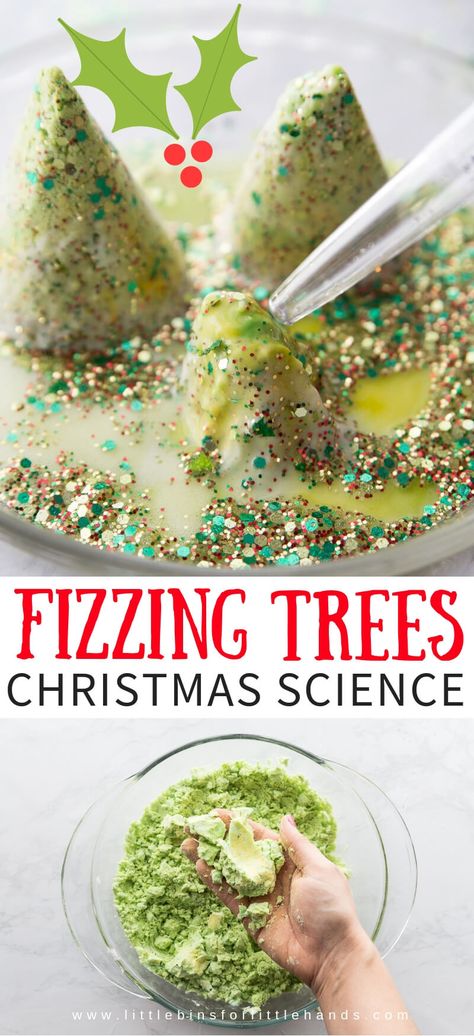 Fizzing Melting Christmas Tree Science with baking soda and vinegar for kids chemistry Baking Soda Science, Baking Soda Experiments, Christmas Tree Baking, Science Christmas, Christmas Science Activities, Christmas Science Experiments, Tree Activity, Holiday Stem, Winter Science