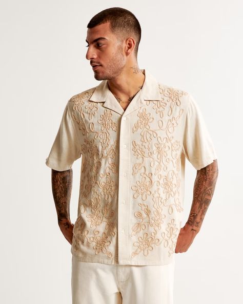 Men's Camp Collar Summer Linen-Blend Embroidered Shirt | Men's Tops | Abercrombie.com Men Embroidery Shirts, Modern Barong, Embroidery Shirt Men, Cord Embroidery, Cross Embroidery, Mens Printed Shirts, Fashion Boy, Party Attire, Boys Wear