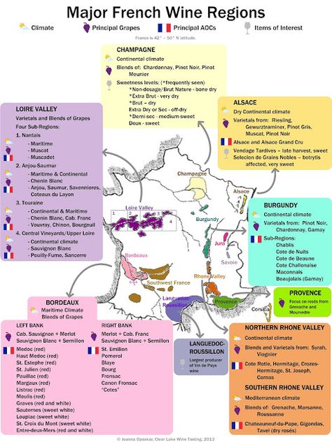 French wine cheat sheet: Infographic by Clear Lake Wine Tasting #wine101 #map #France Wine Cheat Sheet, Wine Infographic, French Wine Regions, Wine Facts, Wine Blog, Wine Sommelier, Wine Map, Wine Knowledge, Wine Education