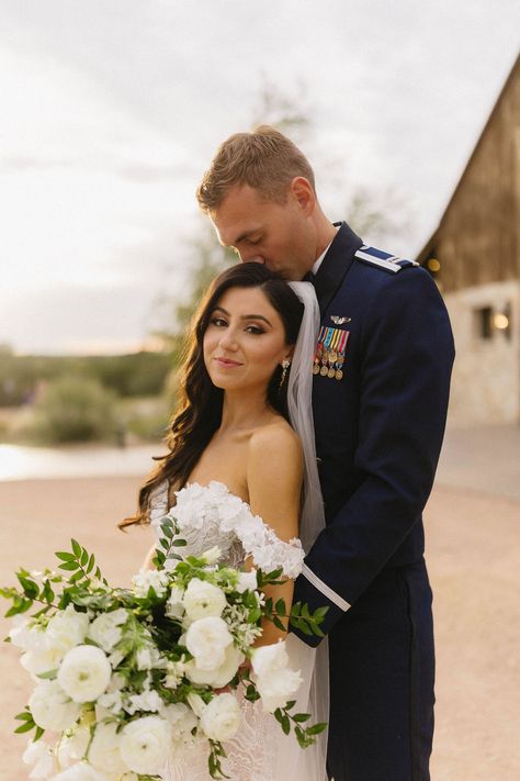 Groom in Air Force uniform with his wife infront of their barn wedding Air Force Wedding Photos, Air Force Uniform Wedding, Air Force Wedding Colors, Military Wedding Air Force, Airforce Wedding Pictures, Air Force Wedding Ideas, Military Wedding Photos, Air Force Couple, Air Force Wedding