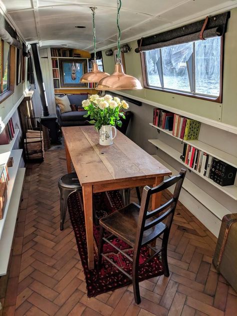 Narrow Boats For Sale, Canal Boat Interior, Narrowboat Interiors, Boat House Interior, Boat Interior Design, Houseboat Living, Narrow Boats, Narrow Boat, Lakefront Living