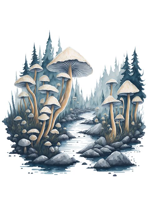 Fantasy Mushroom Forest Drawing, Forest Mushroom Tattoo, Mushroom World Drawing, Magical Forest Tattoo, Mushroom Forest Tattoo, Roam Inktober, Mushroom Forest Drawing, Enchanted Forest Tattoo, Mushroom Forest Art