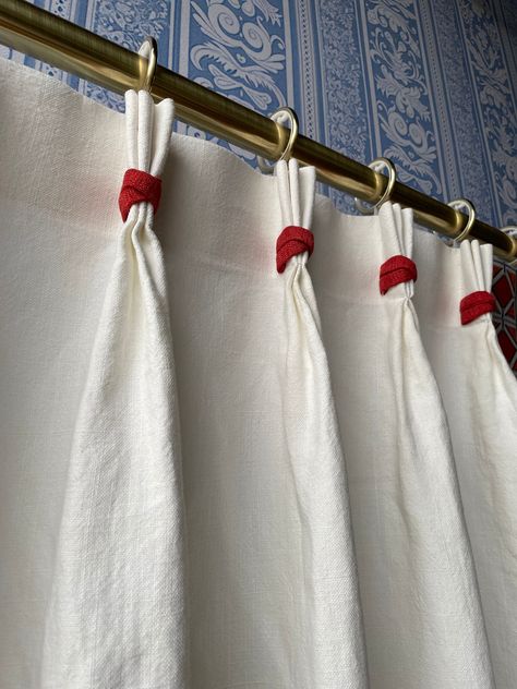 White Curtains With Trim, Curtain Trim Ideas, Red And White Curtains, Patterned Drapes, Bright Colored Furniture, Art Deco Curtains, Drapery Treatments, Red Shower Curtains, White Linen Curtains