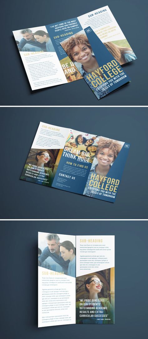 Free College Brochure Template | Simple Tri-Fold Design College Brochure Design, University Brochures, College Brochure, University Marketing, Brochure Design Layouts, Brochure Design Creative, Modern Brochures, Trifold Brochure Design, Graphic Design Brochure