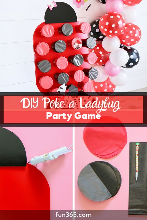 We love this DIY Poke a Ladybug Party Game because not only is it fun for the kiddos, but it's also super cute and can be used as a decor piece! If you are throwing a ladybug themed party, check out this fun activity! Diy Ladybug Decorations, Miraculous Ladybug Party Games, Ladybug Birthday Activities, Ladybug Party Activities, Love Bug Birthday Theme, Miraculous Ladybug Birthday Party Ideas, Ladybug Games, Bug Birthday Games, Ladybug Party Favors