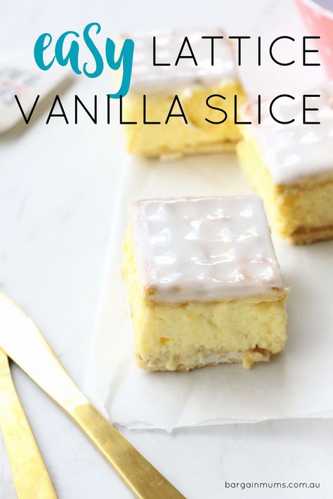 Easy Lattice Vanilla Slice - Bargain Mums Vanilla Slice Recipe, Vanilla Slice, Custard Slice, Slice Recipe, Healthy Recipes Easy Snacks, Slices Recipes, Easy Smoothie Recipes, Pumpkin Spice Cupcakes, Fall Desserts