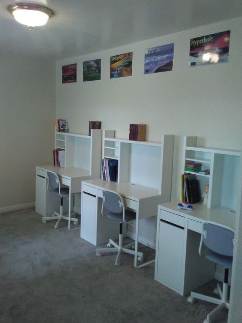 Home school desk space  IKEA desks and chairs Ikea School Desk, Ikea School Table Desk Ideas, Homeschool Desk For Two, Home School Desk Ideas, Homeschool Desk Ideas Work Stations, Study Space Ideas In Bedroom, Kid Study Room, Space Ideas For Kids, Space Saving Study Table