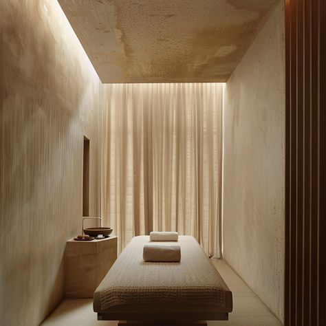 Our spa's calming palette and sustainable materials speak to the soul. #velazquezmcdonnellinteriors #wellnessgoals #spa #ecological #EcologicalDesign #interiordesign #interiordesigner Spa Refreshment Bar, Wellness Space Design, Organic Spa Design, Bohemian Spa Room, Water Feature Interior, Dark Spa Aesthetic, Wellness Spa Aesthetic, Thai Massage Room Design, Home Spa Aesthetic