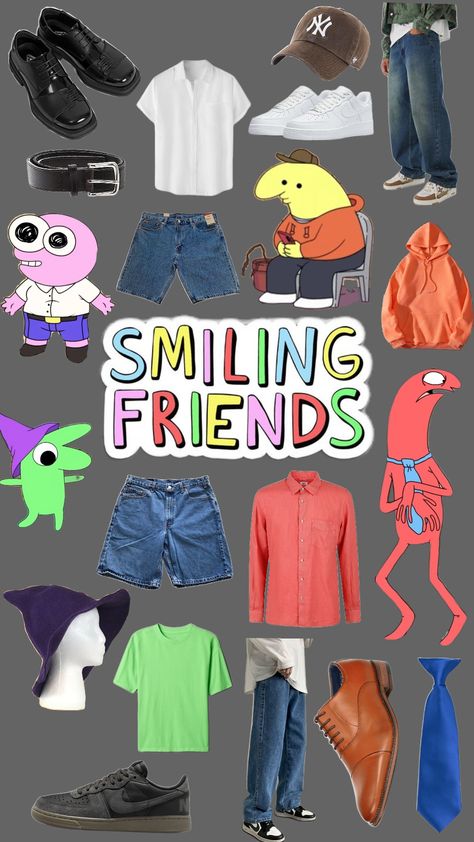 smiling friends fit #smilingfriends #pimsmilingfriends #glepsmilingfriends #charliesmilingfriends #alansmilingfriends Pim Smiling Friends Costume, Friends Cosplay Ideas, Smiling Friends Halloween Costume, Smiling Friends Costume, Glep From Smiling Friends Cosplay, Trio Halloween Costumes Alvin, Smiling Friends Cosplay, Halloween Costumes Group Scooby Doo, Glep Smiling Friend