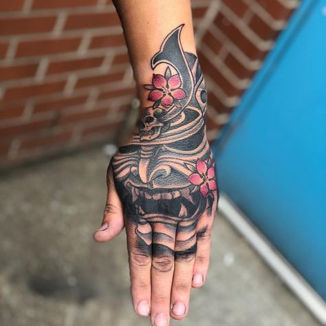 Samurai Helmet hand piece done by Dan.  -  For booking contact us at vidalocatattoobolton@gmail.com ⠀ - #tattoo #tattoideas #tattoodesigns #menstattoo #newtattoo #nexttattoo #newink #nextink #firstink #balckandgrey Samurai Hand Tattoos For Guys, Samurai Mask Hand Tattoo, Samurai Tattoo Hand, Japanese Tattoo Hand, Samurai Hand Tattoo, Japanese Hand Tattoos For Guys, Japanese Hand Tattoo, Samurai Helmet Tattoo, Back Of Hand Tattoos