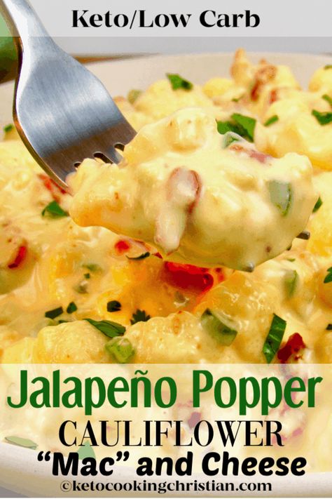 Jalapeño Popper Cauliflower"Mac" and Cheese - Keto and Low Carb All the flavors of jalapeño poppers made into a creamy and delicious cauliflower "mac" and cheese! #ketorecipes #keto #lowcarb #ketodiet #ketojalapenopopper #lowcarbjalapenopopper #ketocauliflowermacandcheese #lowcarbrecipes #easyketosides #ketocookingchristian #easylowcarbsides Loaded Cauliflower Mac And Cheese, Jalapeno Popper Cauliflower, Cauliflower Jalapeno Casserole, Jalapeno Keto Recipes, Hot Cauliflower Recipes, Keto Veggie Sides, Cauliflower Keto Recipes, Summer Keto Recipes, Cauliflower Mac And Cheese Keto