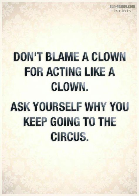 Don't blame a clown for acting like a clown. Ask yourself why you keep going to the circus. Clown Quotes, Circus Quotes, Behavior Quotes, Sarcasm Quotes, A Clown, The Circus, Philosophy Quotes, Ask Yourself, Sarcastic Quotes