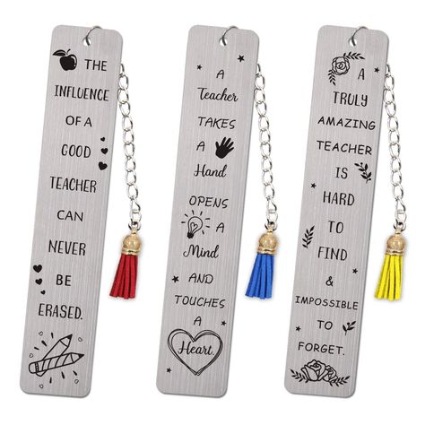 PRICES MAY VARY. Teacher Appreciation Gifts: This set of teacher bookmarks will surely be the best gift for teacher, coach, instructor, professor, for Teacher Appreciation Day, teacher's birthday or a Christmas gift and anytime you want to show your love. Show Your Appreciation to More Teachers: Package includes 3pcs metal bookmarks with different quotes and tassels. Just send them to your favorite teachers and tell them how much you thank them! High-quality & Perfect Size: These delicate bookma Creative Teachers Gifts, Teacher Bookmark, Gifts For Professors, Teacher Retirement Gifts, Teacher Appreciation Gifts Diy, Teachers Day Card, Teacher Birthday Gifts, Book Tree, Teacher Birthday