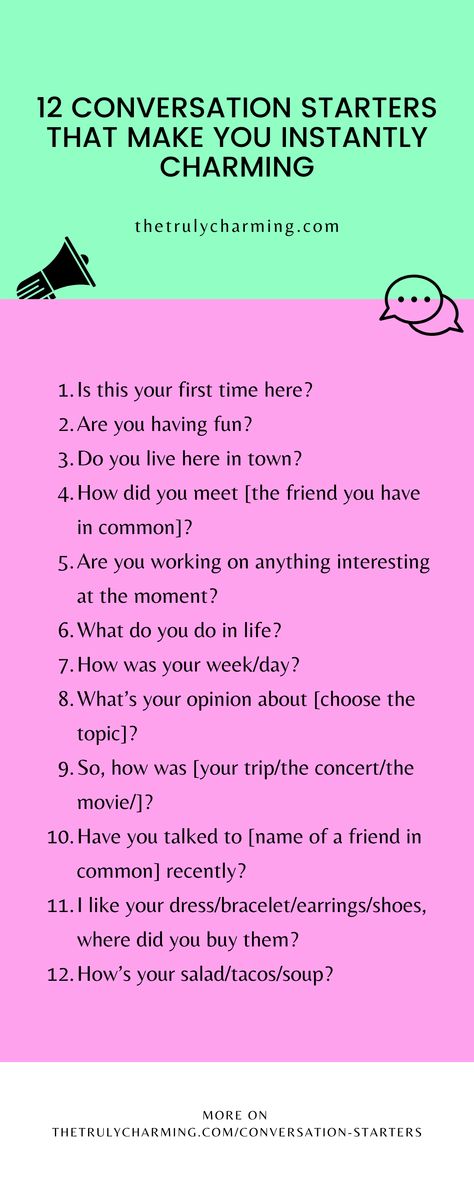 Become the most interesting people in the room with these 12 quality conversation starters.

Also, in the article you will find some great follow-up questions for each conversation starter. Conversation Starters When Meeting New People, Conversation Starters For Strangers, Conversation Starters Meeting New People, Most Interesting Person In The Room, Friend Conversation Starters, Small Talk Tips Conversation Starters, Conversation Starters For Adults, Exercise List, Overcome Shyness