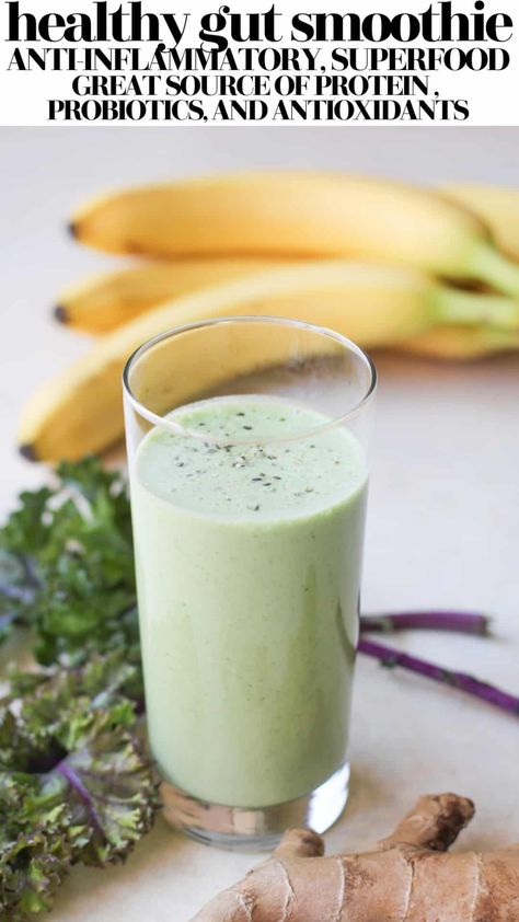 Gut Health Shakes, Superfood Breakfast Smoothie, Green Superfood Smoothie, Gut Friendly Smoothie Recipe, Anti Inflammation Protein Smoothie, Anti Inflammation Breakfast Smoothie, Anti Oxidant Smoothie, Gut Friendly Breakfast Recipes, Probiotic Smoothie Recipes