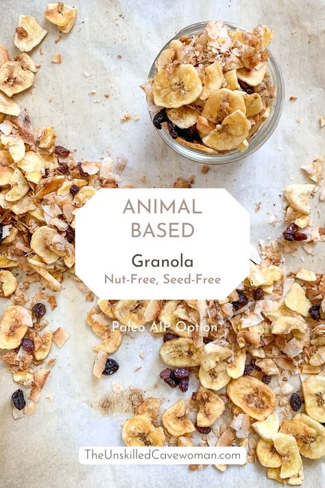 Animal-Based Granola (Paleo AIP, Grain-Free, Nut-Free, Seed-Free) - The Unskilled Cavewoman Grain Free Nut Free Recipes, Paleo Nut Free Recipes, Animal Based Meals For Kids, Animal Based 30, Animal Based Smoothie, Animal Based Lunch Ideas, Animal Based Diet Snacks, Animal Based Desserts, Aip Cereal