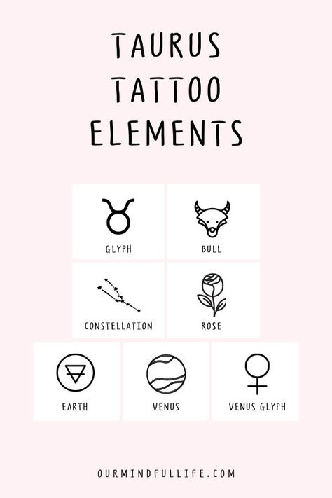 Taurus symbols and elements explained - Taurus tattoos are more than bulls. Here is a list of Taurus elements to add some twists to your ink. Bull Skull Tattoos, Taurus Symbols, Taurus Tattoo, Our Mindful Life, Small Girly Tattoos, Astrology Tattoo, Horoscope Tattoos, Tato Henna, Herz Tattoo