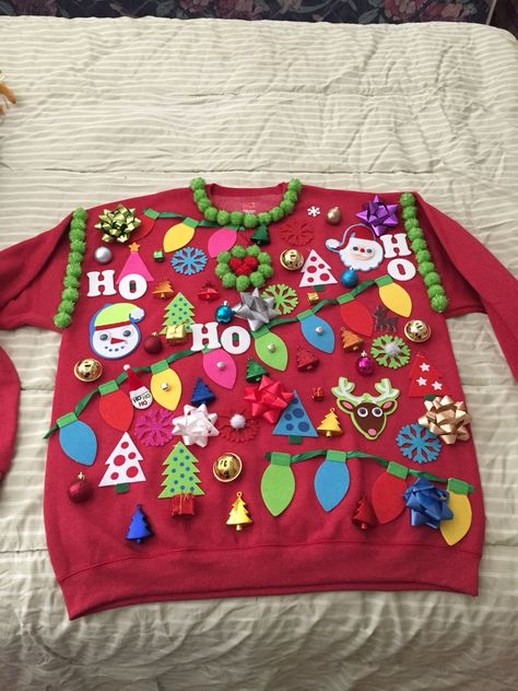 DIY homemade ugly sweater under $10 Crazy Sweater Ideas For Kids, Easy Ugly Christmas Sweater Diy Kids, Diy Ugly Xmas Sweater Kids, Diy Ugly Sweater Ideas For Kids Easy, Diy Kids Ugly Sweater, Kids Tacky Christmas Sweater, Easy Diy Christmas Sweater, Easy Ugly Sweater Ideas Diy, Kids Diy Ugly Christmas Sweater