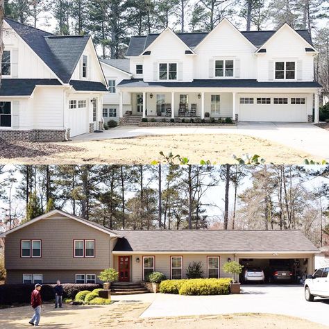 LOVE how they turned this split level into a really nice looking white house and added another level.  Really want to do this for an old ranch in Buckhead. #houses #remodel #realestate Second Floor Addition Ranch, Split Level Remodel Exterior, Second Floor Addition, Home Remodeling Exterior, Split Level Remodel, Ranch House Remodel, Brick Homes, Siding Ideas, Nice Houses