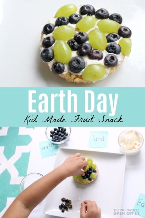 Earth Day Kid Made Fruit Snack with Rice Cake, Blueberries and Grapes. Learn about the water and the land with kids with this yummy Earth Day Snack! #earthday #cookingwithkids #recipe Spring Snacks, Preschool Cooking, Day Earth, Camping Snacks, Picky Eaters Kids, Food Activities, Preschool Snacks, Fruit Snack, Food Crafts